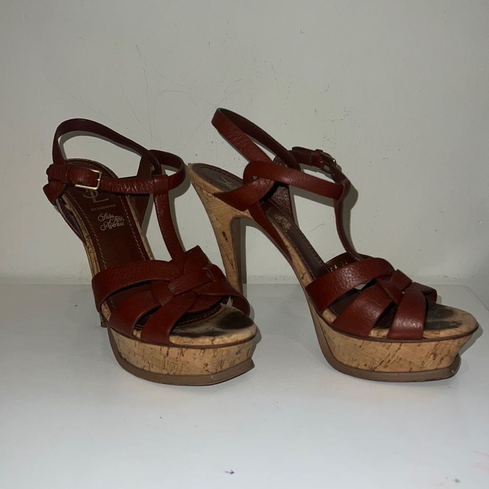 YSL Tribute Platform Sandals 38.5 Brown Leather w Cork Metallic detail bottom
